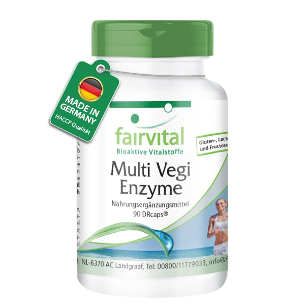 Multi Vegi Enzyme - 90 Kapseln (DRcaps) - Schluckfreundlich - 100% pflanzlicher Enzymkomplex mit Bromelain; Papain; Lipase; Rutin - Vegan | Fairvital
